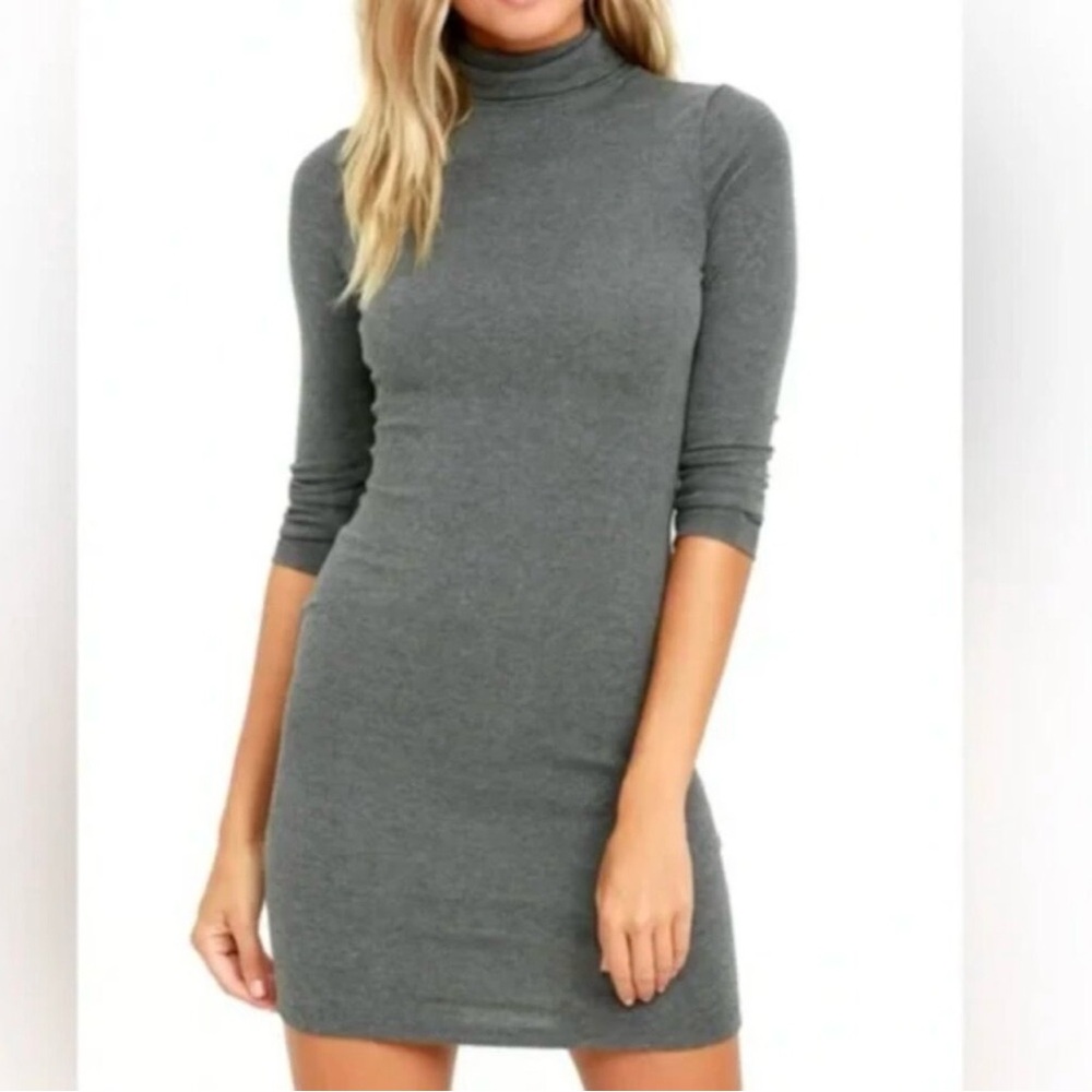 Lulus sexy charcoal gray ribbed bodycon turtleneck mini dress XS